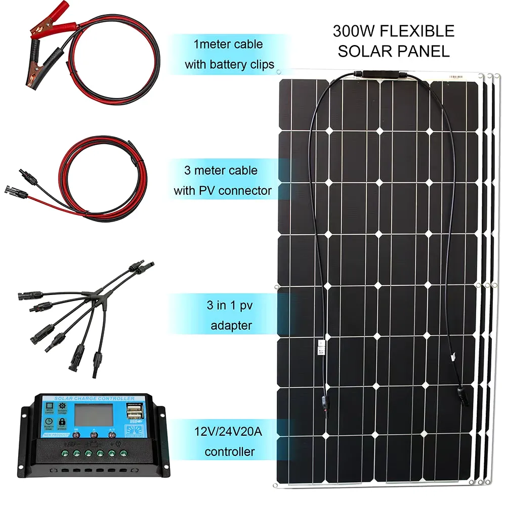 12V Flexible Solar Panel Kit 100W 200W 300W Solar Panels with Solar Controller for Boat Car RV and Battery Charger