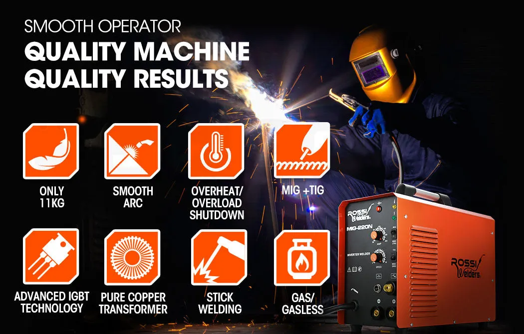 220A MIG/TIG/MMA Welder Inverter, Gasless, Portable - Rossi