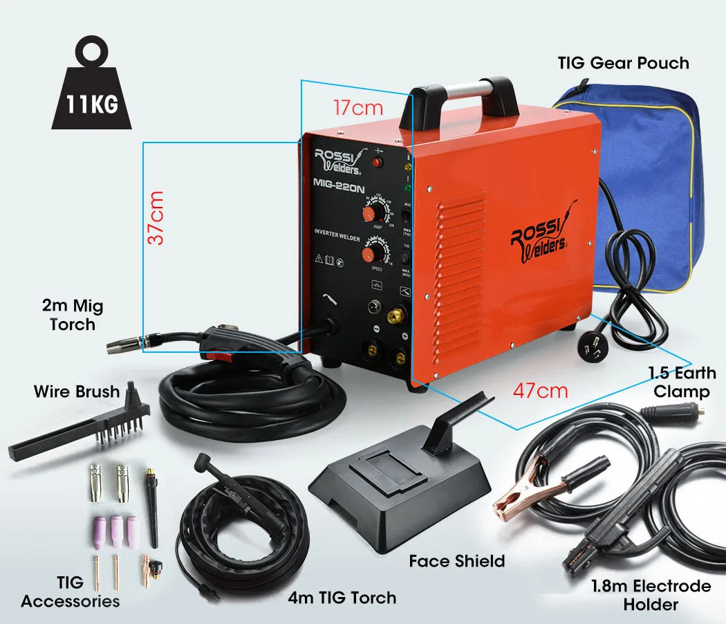 220A MIG/TIG/MMA Welder Inverter, Gasless, Portable - Rossi