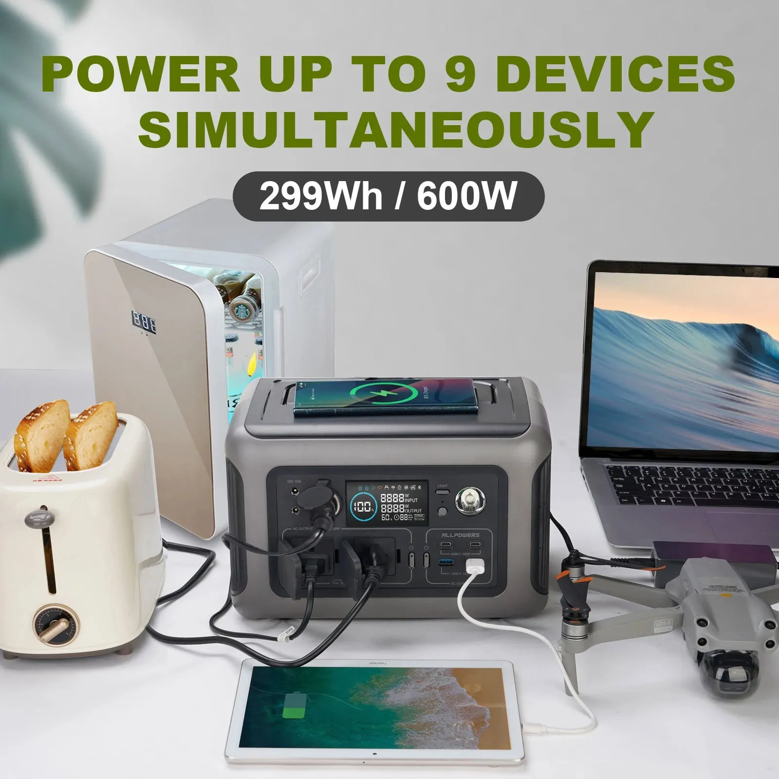 299Wh Portable Power Station 2X 600W Ac Outlets For Camping Rv Home