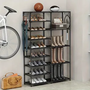9-Tier Tall Shoe Rack, Large Capacity Organizer with Hooks, Vertical Free-Standing Heavy Duty Rack, Holds 24-35 Pairs, Black