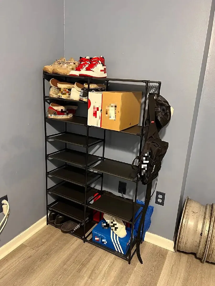 9-Tier Tall Shoe Rack, Large Capacity Organizer with Hooks, Vertical Free-Standing Heavy Duty Rack, Holds 24-35 Pairs, Black