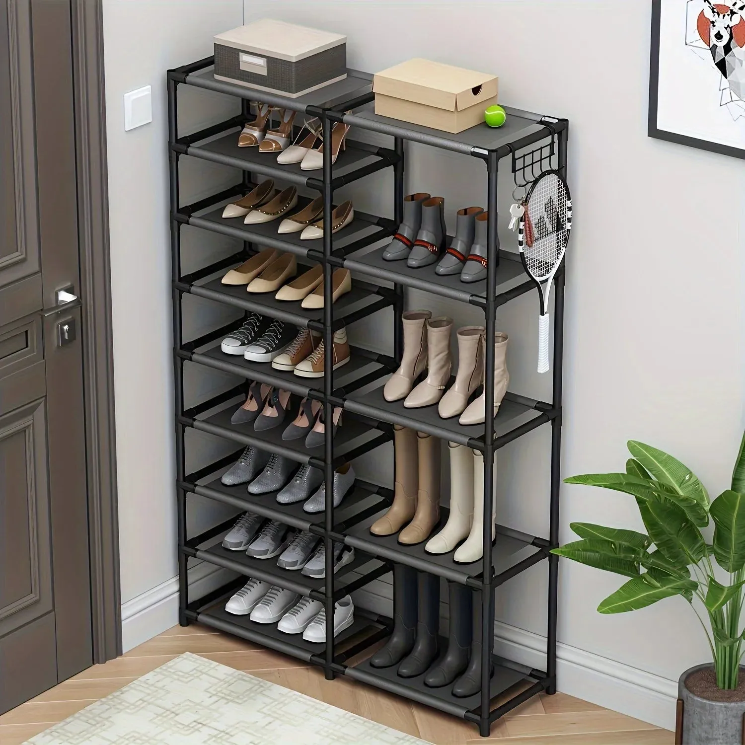 9-Tier Tall Shoe Rack, Large Capacity Organizer with Hooks, Vertical Free-Standing Heavy Duty Rack, Holds 24-35 Pairs, Black