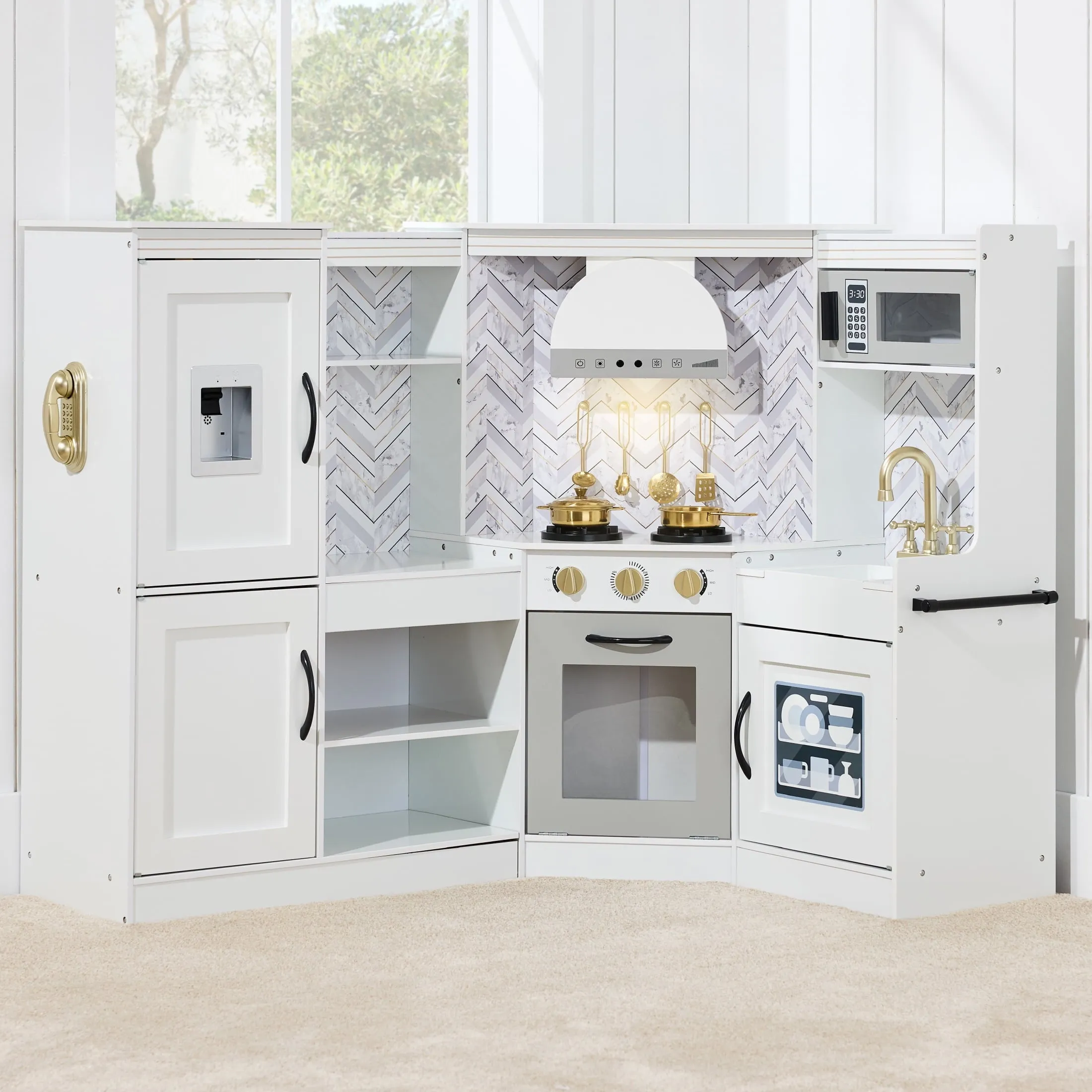 Best Choice Products Pretend Play Corner Kitchen, Interactive Wooden Kids Set w/ Lights & Sounds - White