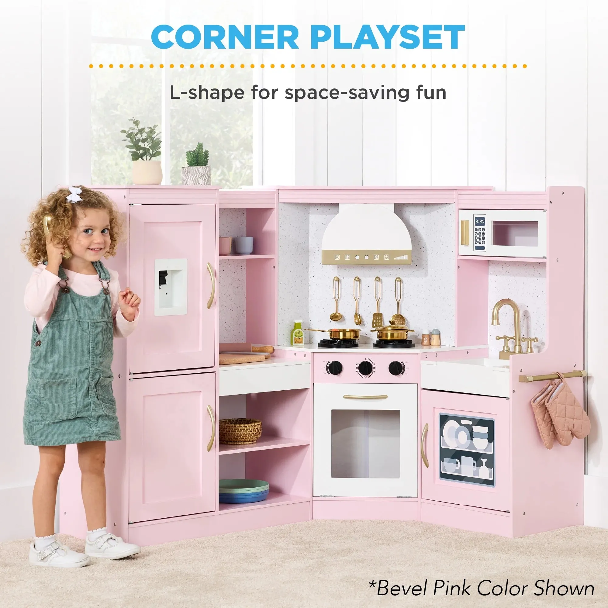 Best Choice Products Pretend Play Corner Kitchen, Interactive Wooden Kids Set w/ Lights & Sounds - White