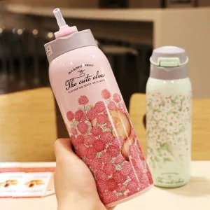 Floral Double Wall Water Bottle with Straw