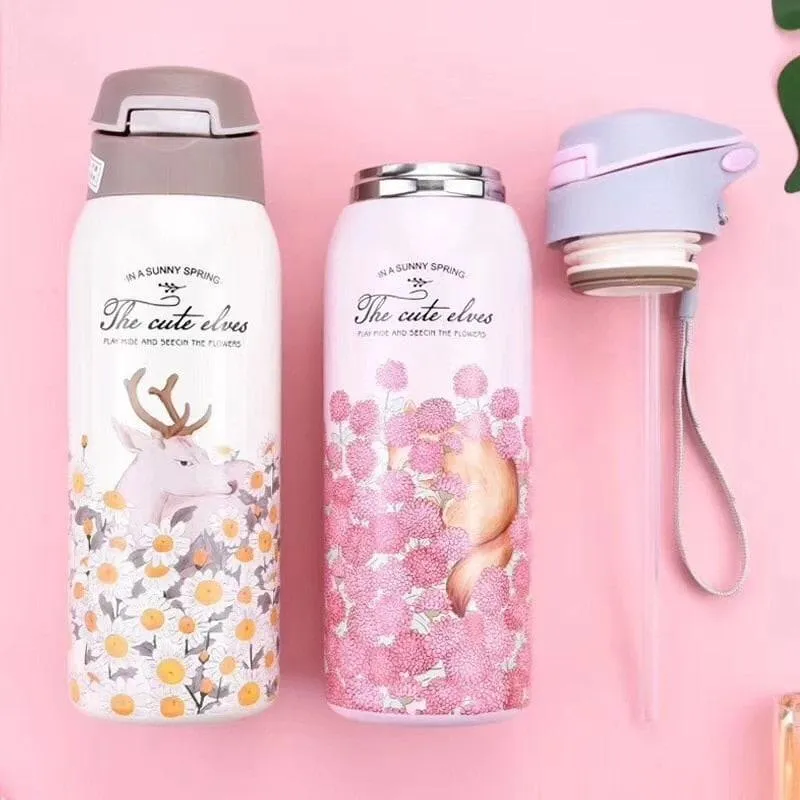 Floral Double Wall Water Bottle with Straw