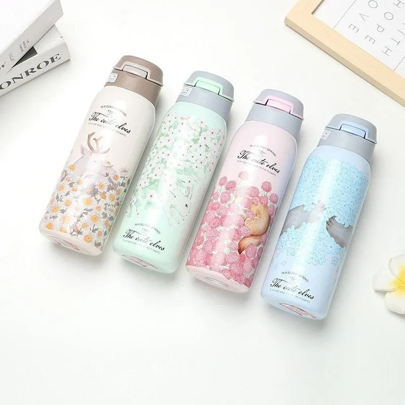 Floral Double Wall Water Bottle with Straw