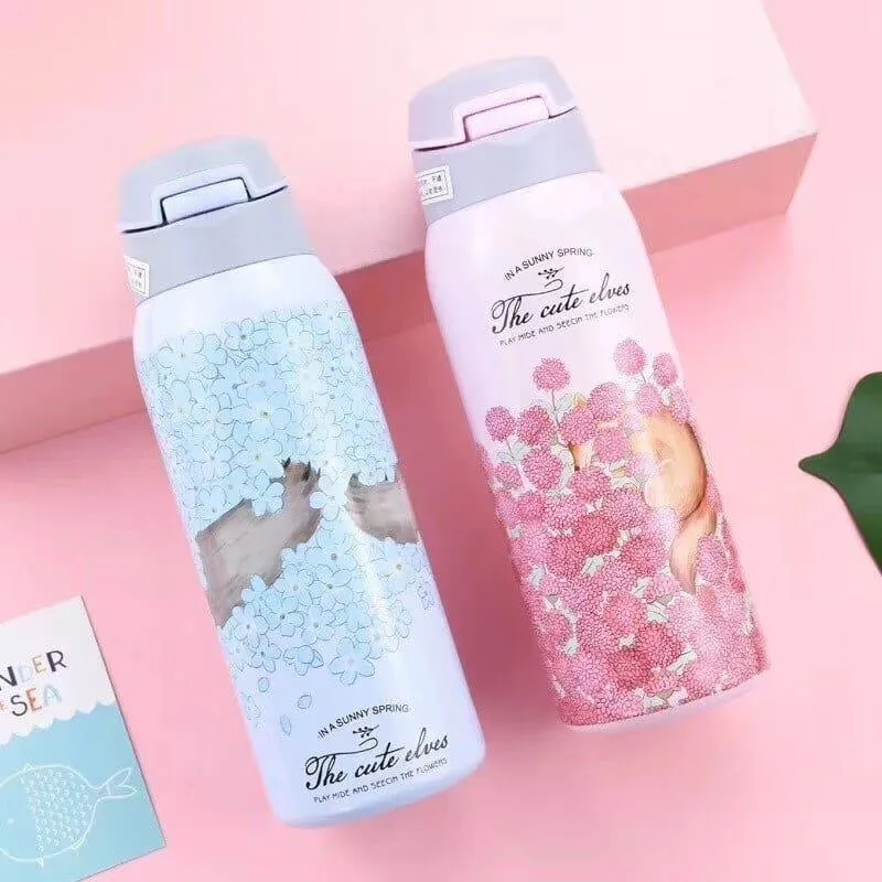Floral Double Wall Water Bottle with Straw