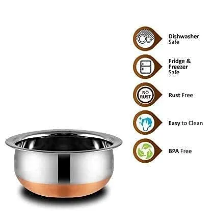 LiMETRO STEEL Set Of 5 Copper Bottom Stainless Steel Handi Set/Cookware Set With Lid (Capacity : 0.5 Ltr, 0.75 Ltr, 1 Ltr, 1.5 Ltr, 2 Ltr) Cookware Set (5 Pieces) (Steel), 1500 ML