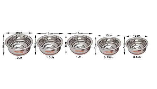 LiMETRO STEEL Set Of 5 Copper Bottom Stainless Steel Handi Set/Cookware Set With Lid (Capacity : 0.5 Ltr, 0.75 Ltr, 1 Ltr, 1.5 Ltr, 2 Ltr) Cookware Set (5 Pieces) (Steel), 1500 ML