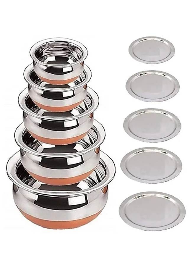 LiMETRO STEEL Set Of 5 Copper Bottom Stainless Steel Handi Set/Cookware Set With Lid (Capacity : 0.5 Ltr, 0.75 Ltr, 1 Ltr, 1.5 Ltr, 2 Ltr) Cookware Set (5 Pieces) (Steel), 1500 ML