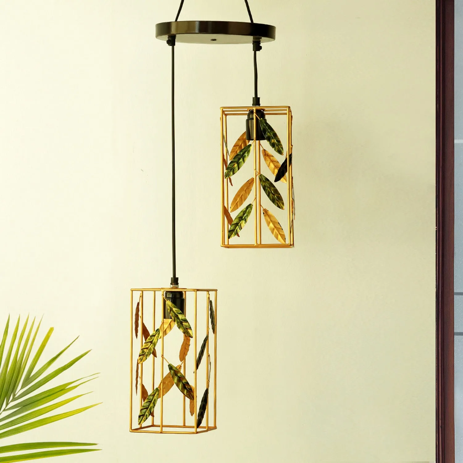 'Lush Foliage' Handcrafted Chandelier With Hanging Lamp Shades In Iron (2 Shades, 93 cm, Golden)