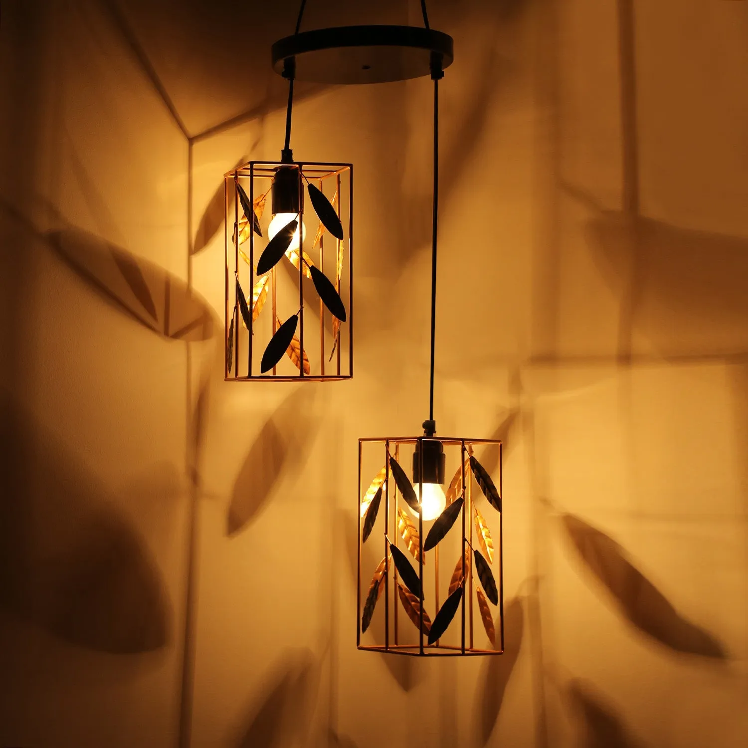 'Lush Foliage' Handcrafted Chandelier With Hanging Lamp Shades In Iron (2 Shades, 93 cm, Golden)