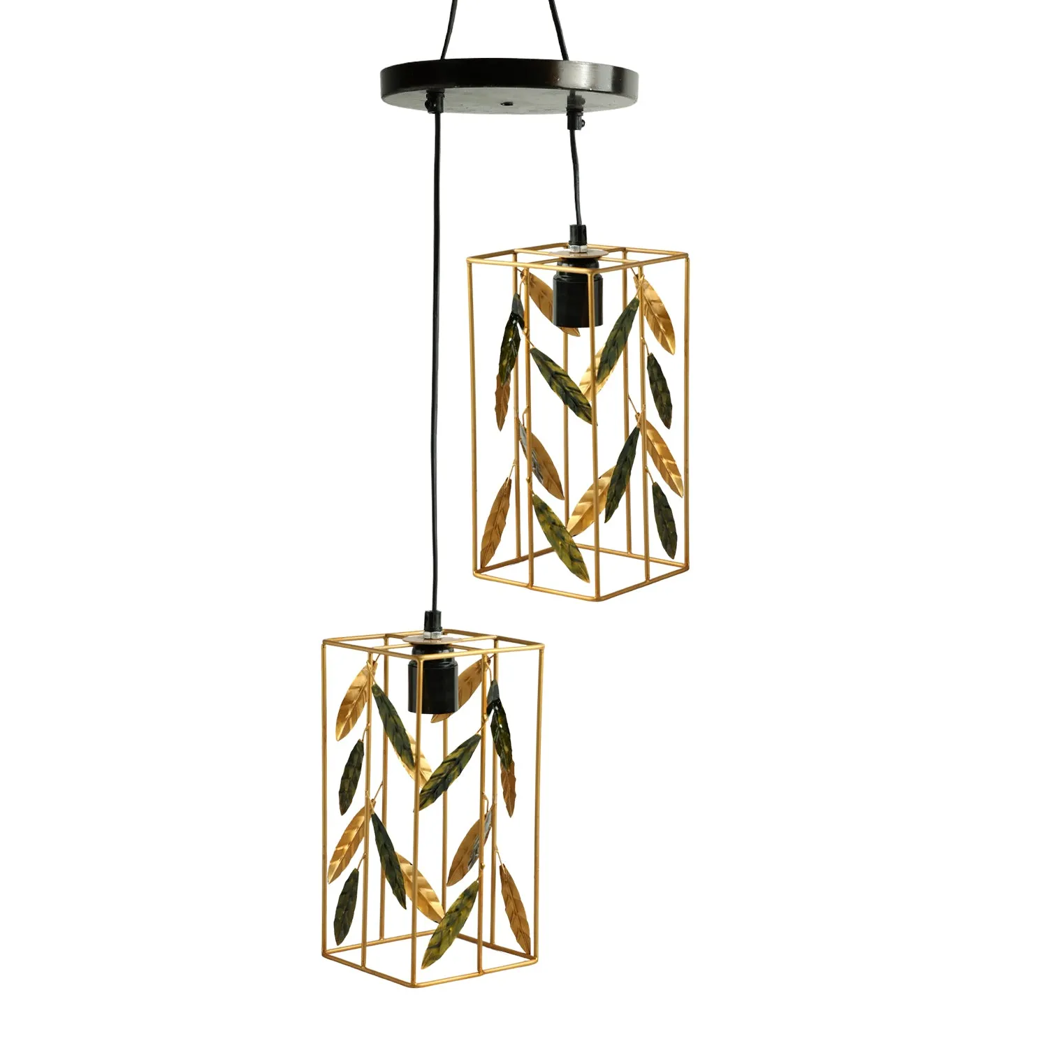 'Lush Foliage' Handcrafted Chandelier With Hanging Lamp Shades In Iron (2 Shades, 93 cm, Golden)
