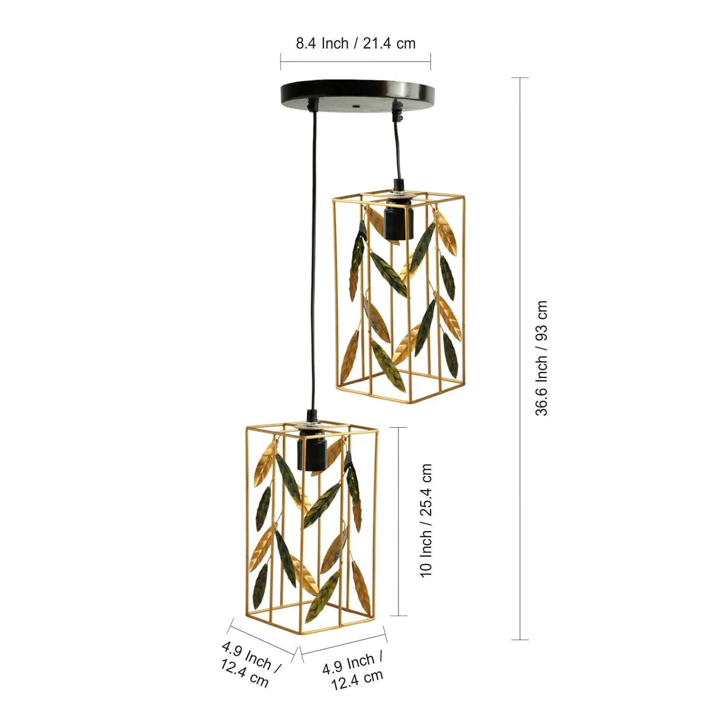 'Lush Foliage' Handcrafted Chandelier With Hanging Lamp Shades In Iron (2 Shades, 93 cm, Golden)
