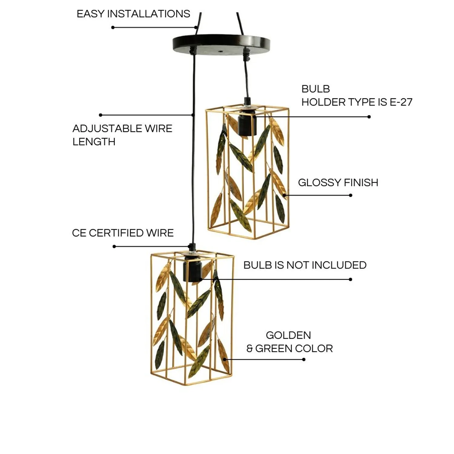 'Lush Foliage' Handcrafted Chandelier With Hanging Lamp Shades In Iron (2 Shades, 93 cm, Golden)