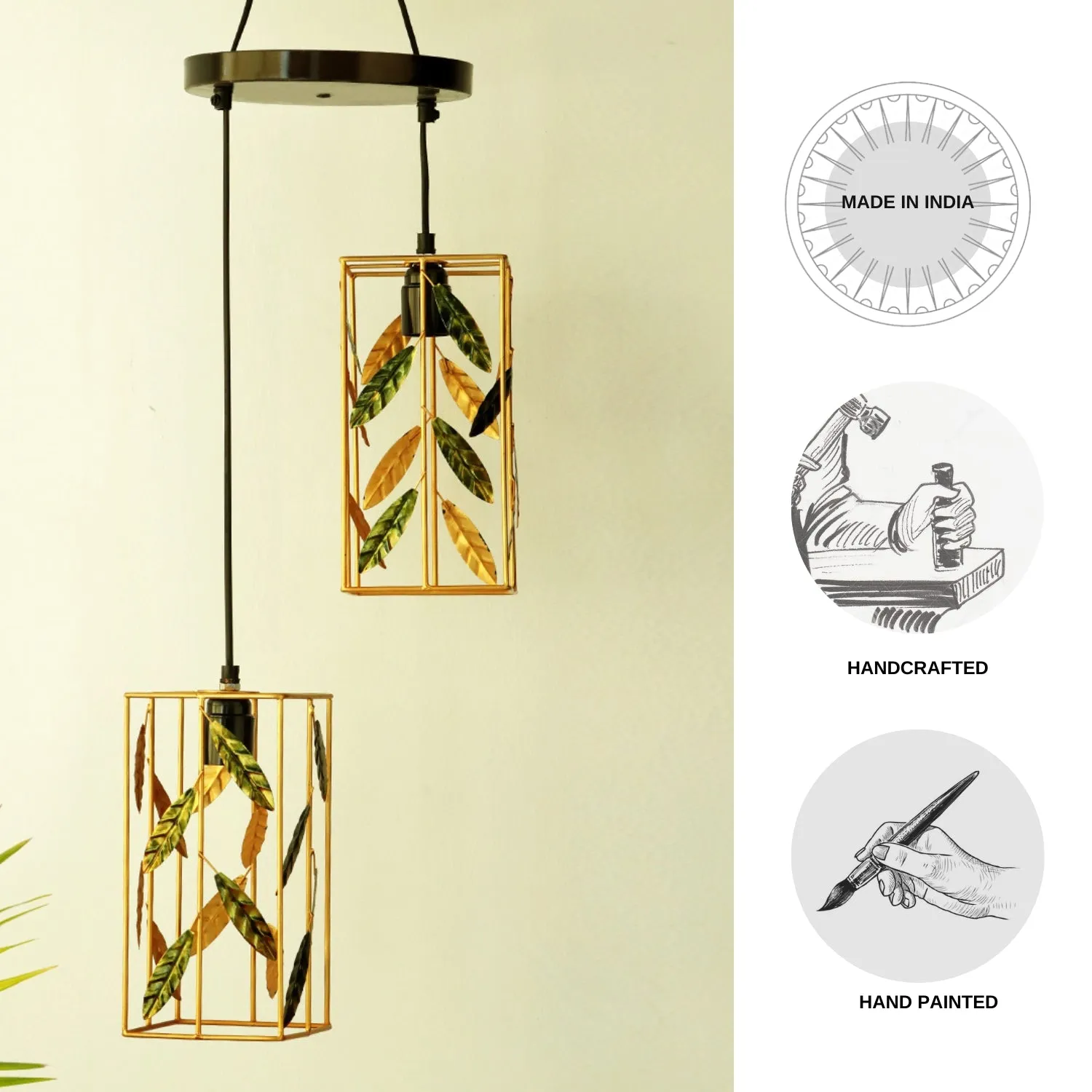 'Lush Foliage' Handcrafted Chandelier With Hanging Lamp Shades In Iron (2 Shades, 93 cm, Golden)